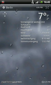 Screen zeigt Regen in der Wetterapp beim HTC Desire HD